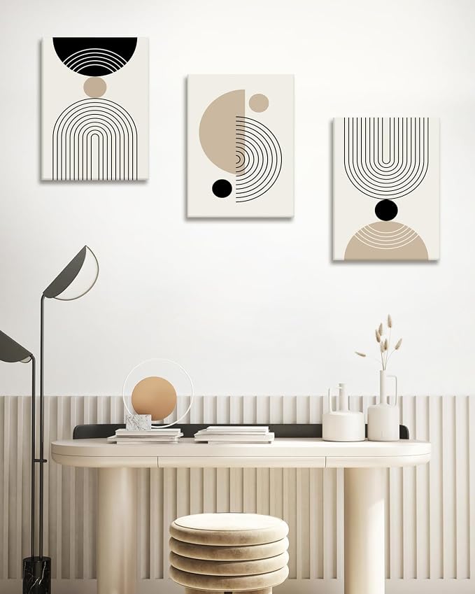 HesenDot Abstract Geometric Wall Art Set of 3, 40x60CM Minimalist Line Framed Canvas Prints, Boho Modern Beige Black Shapes Wall Decor for Living Room Bedroom Bathroom Office Home