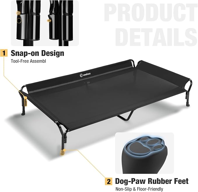 Veehoo Cooling Elevated Dog Bed, Raised Dog Cot with Guardrail & Headrest | Washable Dog Couch Bed for Indoor & Outdoor, Durable Breathable Teslin Mesh, Non-Slip Feet, XX Large, 63" x 37", Black