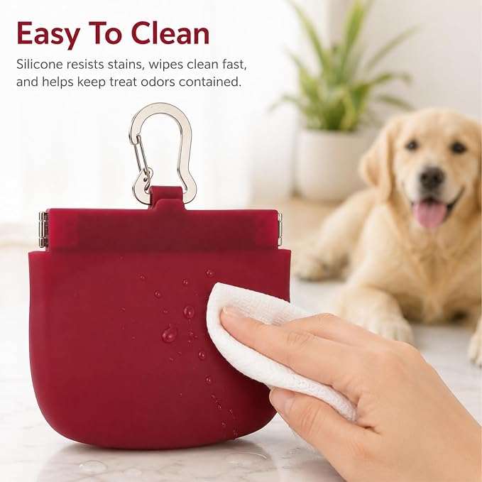 Silicone Dog Treat Pouch for Pet Training One-Hand Access One Cup Silicone Treat Bag with Pull Tab and Auto Closing Lid Treat Pouches for Leash(Color: Red)