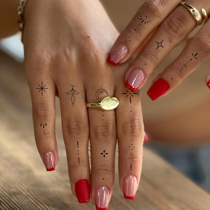 Mini Dot & Star Ring Temporary Tattoos for Women – 2 Sheets of Semi-Permanent Tattoo for Finger & Hand