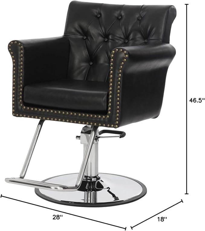 Buy-Rite Chelsea Styling Chair - Black Tufted Salon Chair with Nailhead Trim, 3.5" Removable Cushion, Hydraulic Pump & Padded Arms for Professional Stylists, NIN-9902-BLK