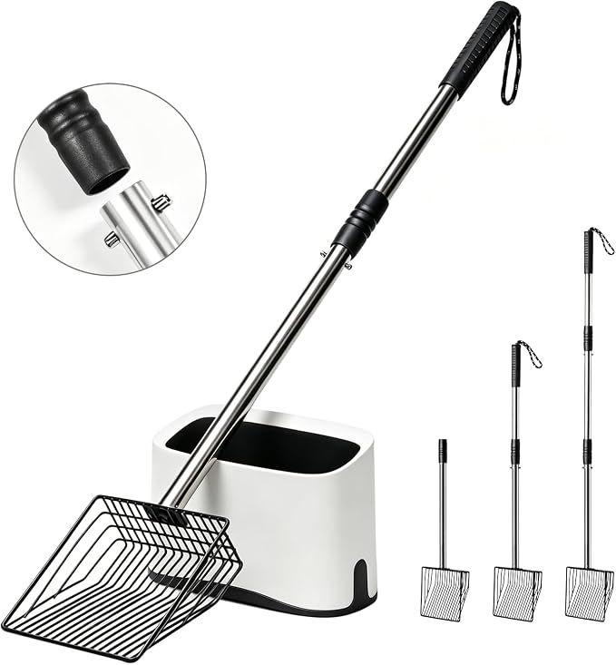 Cat Litter Scoop with Holder 43" Metal Litter Scooper with Stainless Steel Long Handle, Large Kitty Box Scooper Heavy Duty Deep Shovel for Fast Sifting, Dog Waste Scooops for Outside Pet Poop