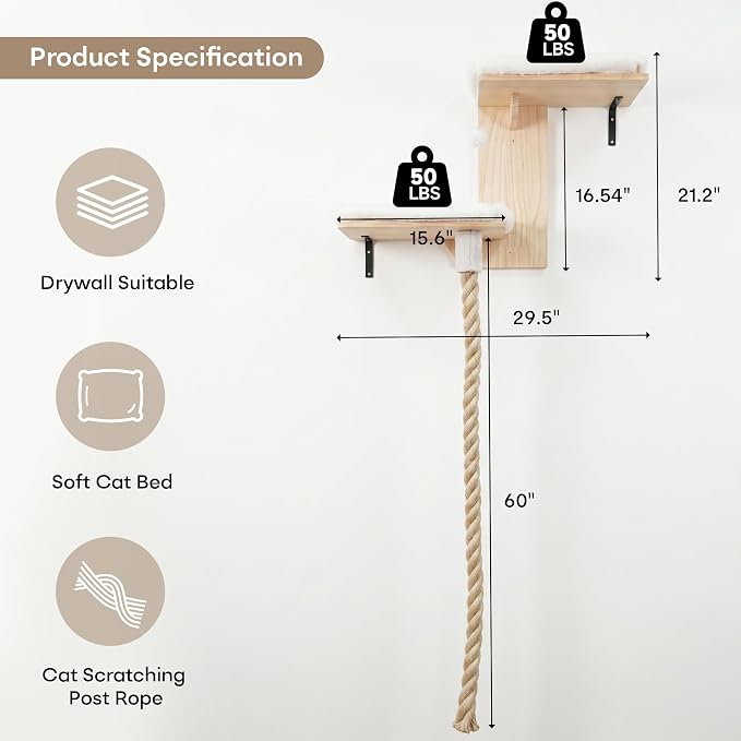 Cat Wall Shelves, 2 Beds with 4.92 ft Cat Scratching Post Rope | Tree Shape Cat Wall Furniture Set, Kitten Floating Shelf with Soft Cushion Perch, Solid Wood Cat Perch for Climb, Play, Nap