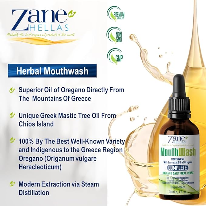 Zane Hellas MouthWash. Oral Rinse with Oregano Oil Power. Ideal for Gingivitis, Plaque, Dry Mouth, and Bad Breath. Alcohol and Fluoride Free. 100% Herbal Solution. 2 fl.oz.-60ml.