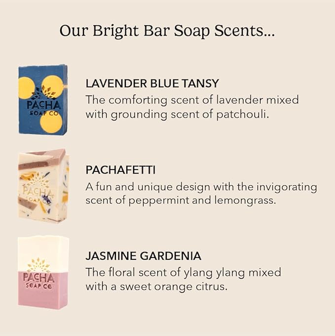 Pacha Soap Co. Bar Soap, Bright Bubbles Bundle, 3-Pack (4 oz ea) - Jasmine Gardenia, Lavender & Blue Tansy, & Pachafetti - Premium, Handcrafted, Hydrating, Natural Face Wash, Soothing Essential Oils
