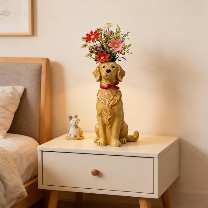 Quirky Dog Vase, Whimsical Boho Dog Flower Vase, Handcrafted Resin Decorative Dog Vases for Small Flowers, Funny Animal Resin Vases, Cute Puppy Planter for Desk Shelf, Boho Home Office Decor