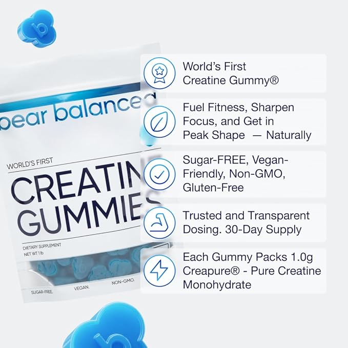 Bear Balanced Creatine Gummies for Men & Women - Creapure® Creatine Monohydrate, L-Theanine, L-Tyrosine & B12 for Muscle Growth, Strength, Focus, Energy & Health - Low Calorie, Sugar-Free, & Vegan