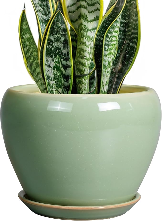 Ceramicfor 8 Inch Plant Pot - Ceramic Planter for Outdoor Plants Indoor Plant Pot with Drainage Hole and Saucer Mid-Century Round Planter Flower Pot for House Garden Green