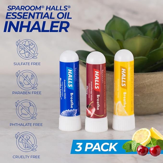 SpaRoom Halls Nausea Relief Nasal Stick – Breathe 3-Pack with Cherry, Lemon & Mentho-Lyptus, Aromatherapy Inhalers with Essential Oils for Sinus Relief, Stress, and Craving Support