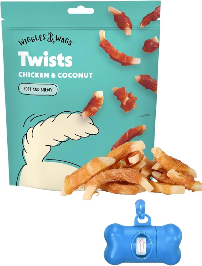 Wiggles & Wags Twists Dog Treats, Chicken and Coconut Flavor, 10 oz, with DN Essentials Bone-Shaped Waste Bag Dispenser & Roll