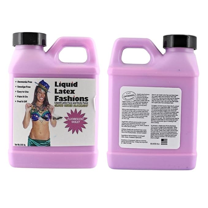 Fluorescent Violet 8 Oz - Liquid Latex Face and Body Paint, Black Light UV Reactive GLOW, Ammonia Free, Perfect for Halloween Costume, Cosplay, Concerts, Parties!