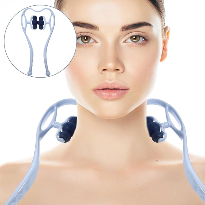 Neck Massager for Neck and Shoulder Shiatsu Deep Tissue Dual Trigger Point Roller for Pain Relief Ergonomic Handle Design Lightweight Portable Handheld Tool Suitable Legs Waist and Shoulder