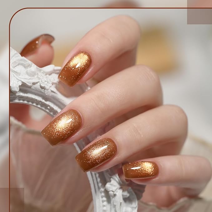 GAOY Jelly Brown Cat Eye Gel Nail Polish, 16ml Glitter Holographic Nail Polish with Magnet, Reflective Translucent UV Gel, 2956 Glowing Amber