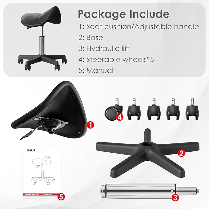 CLORIS Saddle Rolling Stool Hold up to 400 LBS Height Adjustable Swivel Chair Nylon Feet with Wheels for Spa, Massage, Salon, Home, Office, Medical, Tatoo, Bar Black