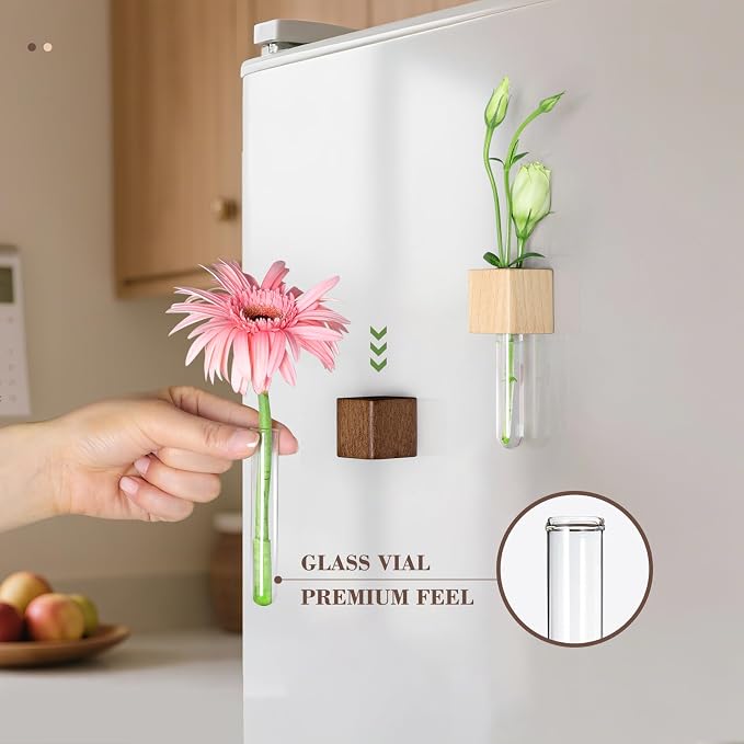Magnetic Test Tube Flower Vases for Refrigerator, Set of 2 | Wooden magnetic vases in light and dark finishes for fresh cuttings and plant propagation. Plant not included. ﻿