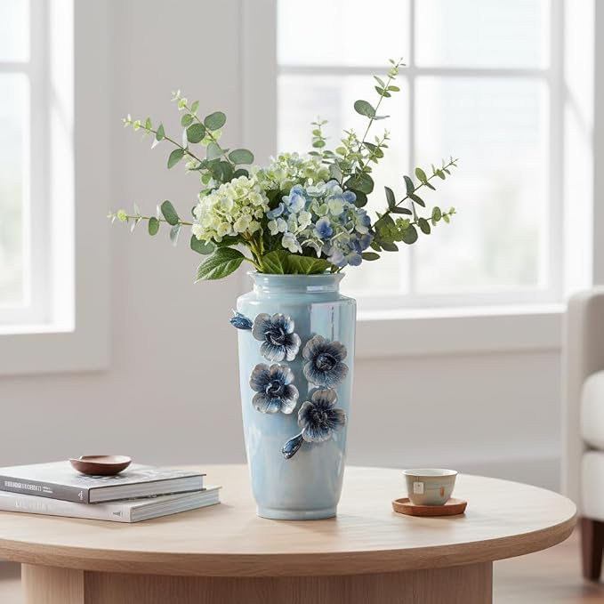 Blue Ceramic Vase 9 Inch - Modern Decorative Flower Vase for Centerpiece, Kitchen Table Living Room Home Decor