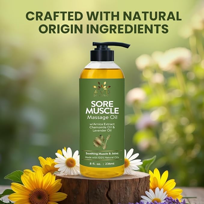 AVD Organics Sore Muscle Massage Oil 236 ml | Massage Therapy | Natural Oil with Lavender and Chamomile Essential Oils | Multipurpose Instant Absorption Full Body Massage Oil | 8 fl. oz