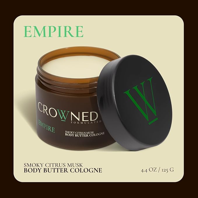 Crowned Skin Empire Cologned Body Butter | Smoky Citrus Musk Scent | Blended with Lemon & Lavender | Infused with Organic Shea & Mango Butters | Moisturizing Formula with All-Day Fragrance | 4.4oz