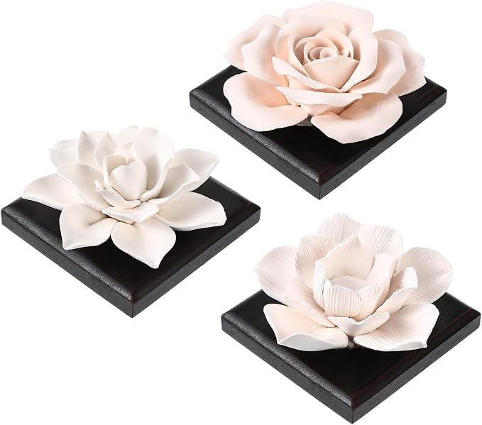 3 Pcs Passive Essential Oil Diffuser Stone Set, Magnolia Lotus Rose Flower Passive Diffusers with Wood Base for Car, Desk, Bedroom, Home Decor Gift, No Essential Oil(Black)