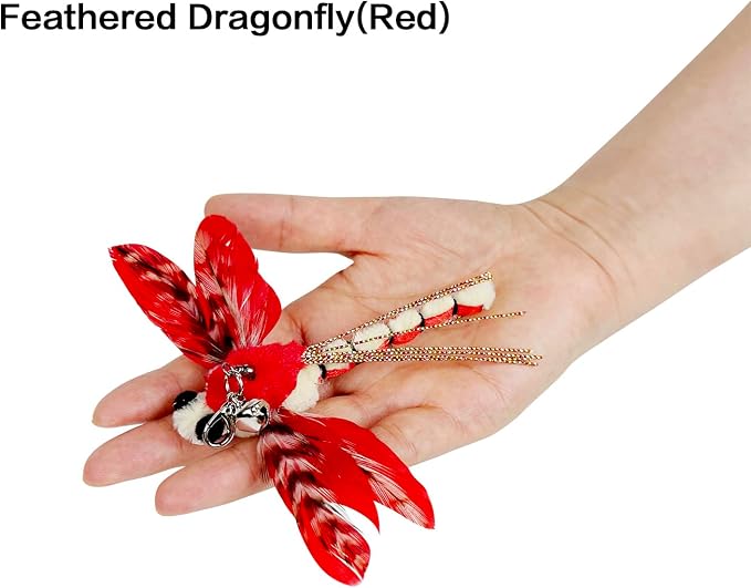 TTcat 3 Pack Dragonfly Grasshopper Cat Wand Refills, Realistic Natural Feather Insect Detachable Replacement Toy Heads with Bell, Universal Lobster Clip-on Cat Teaser Attachments.