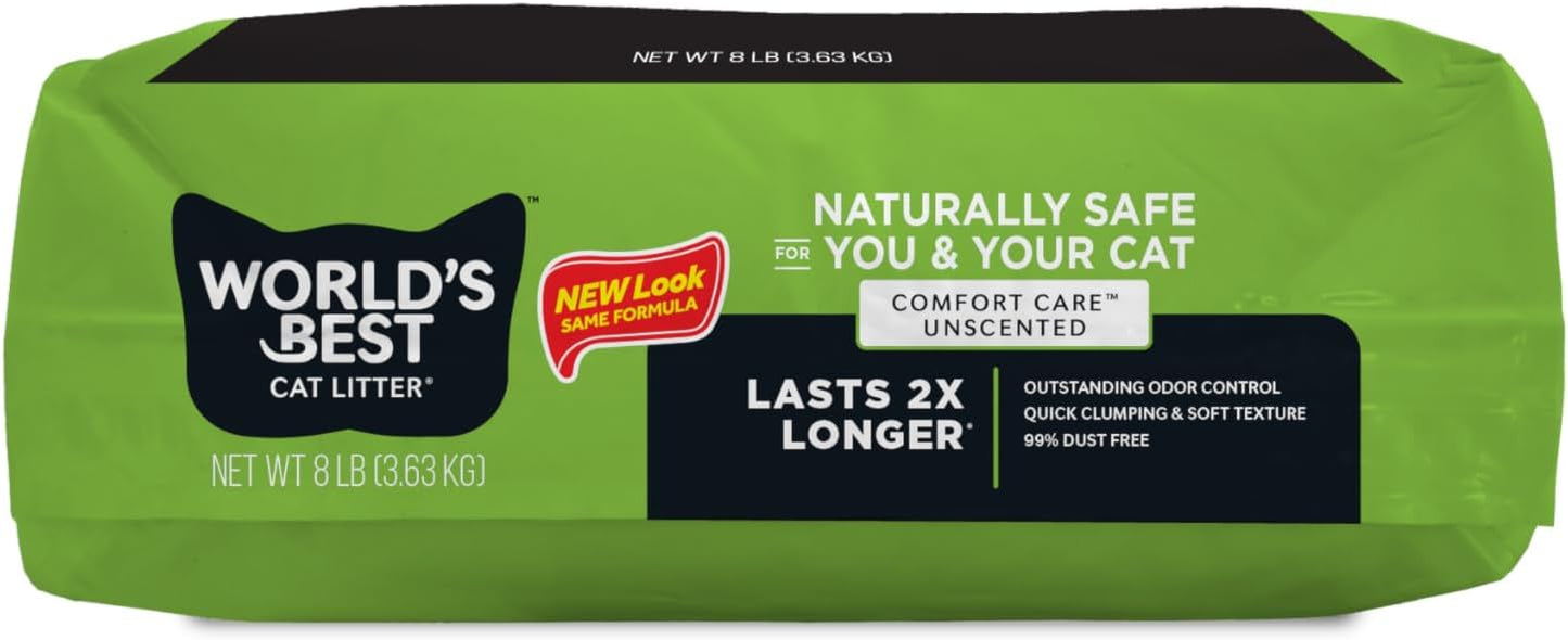 World's Best Cat Litter, Comfort Care, Unscented, Odor Control, 8 lb Bag | Gentle odor control for sensitive cats and lasts 2x longer; natural corn litter, quick clumping, flushable, 99% dust free