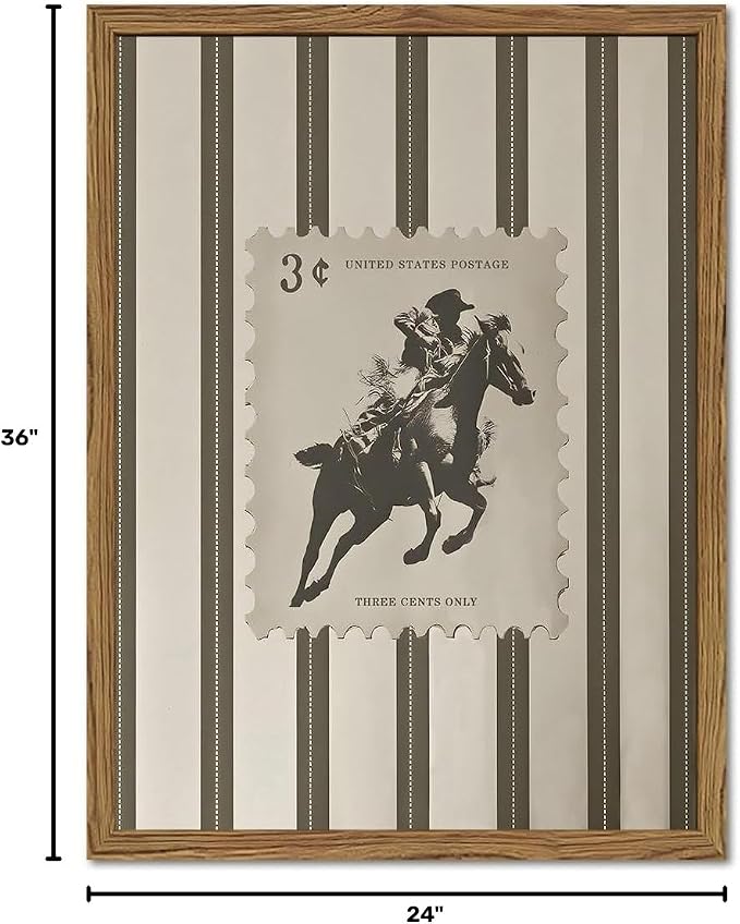 Vintage Western Wall Art Southwest Cowboy Wall Decor Pictures Mid Century Southwestern Striped Cowboy Riding Horse Poster Canvas Prints for Bedroom Living Room 24x36 inch Wood Framed