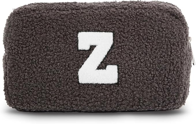 Cute Makeup Bag, Initial Cosmetic Bag, Fuzzy Makeup Bags for Women, Beauty Pouch with Chenille Letter, Personalized Cosmetic Pouch for Travel, Dark Grey Z