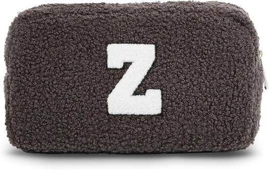 Cute Makeup Bag, Initial Cosmetic Bag, Fuzzy Makeup Bags for Women, Beauty Pouch with Chenille Letter, Personalized Cosmetic Pouch for Travel, Dark Grey Z