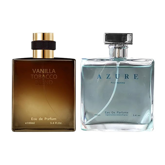 AFLUXE 2PCS Mens Perfume Cologne Long Last Strong EDP Natural Spray Gift Set, with Cocoa, Dried Fruits, Woody Fragrance for Daliy Use, 3.4 Fl Oz / 100 mL Each (Azure Pour Homme & Vanilla Tobacco)