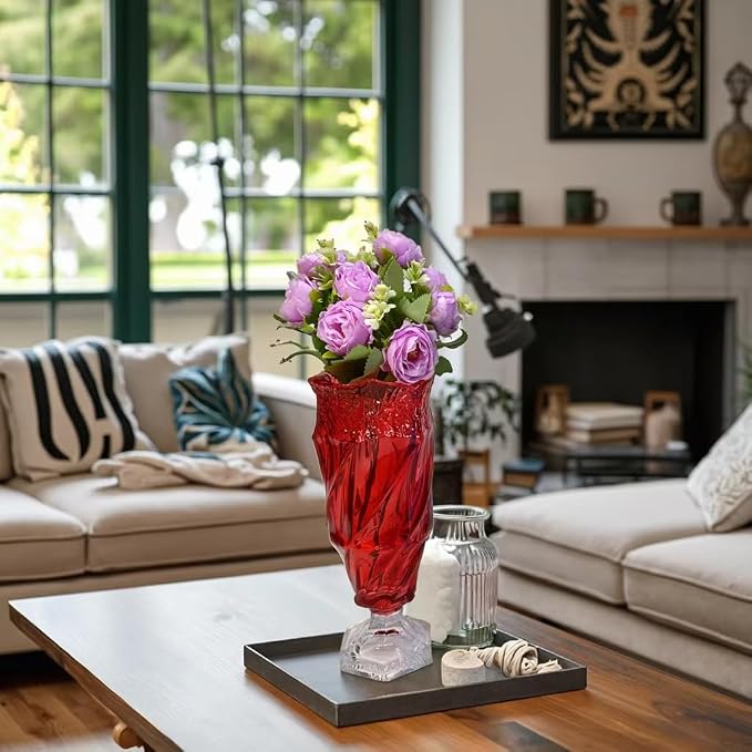 Glass Flower vase 2.4lb 9.5inch,Bohemian Style, for Centerpieces,Wedding,Home Decor Glass Vase (Red)