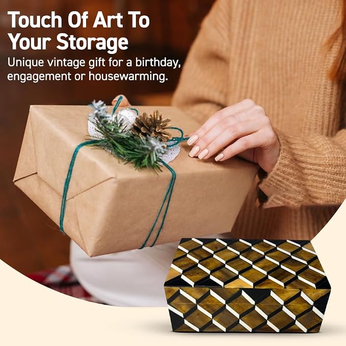 Perilla Home Home Decor Decorative Storage Wooden Box Small Ulhas Organizer Tool Stash Card Craft Trinket Memory Keepsake Jewelry Box for Men and Women, Gifts For All, Brown, Black and Off White