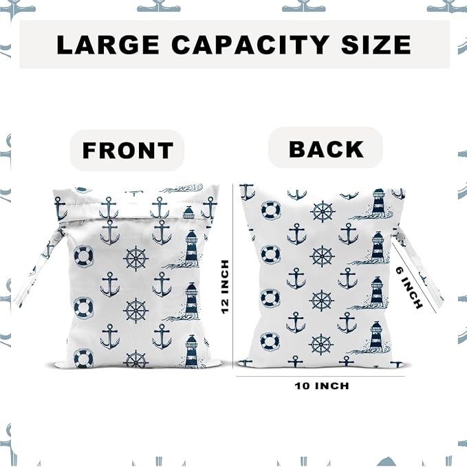 Nautical Style Wet Bag 12x10 Inch, Waterproof Reusable Wet Dry Bag for Swimsuit, Travel, Beach, Pool, Diapers, Dirty Yoga Gym Clothes, Makeup Bags, Nautical Style Gifts for Women Friend