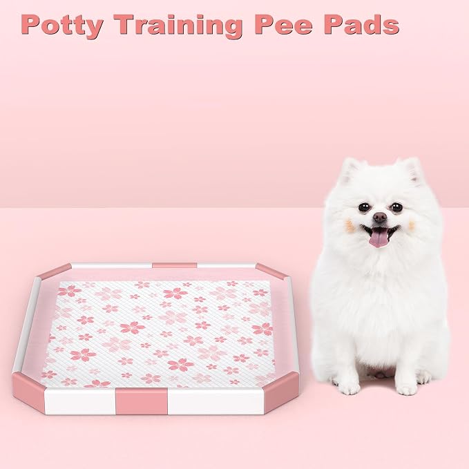 MIZOK Pink Puppy Pads with Adhesive Tabs Disposable No Leak 22x22in 100Ct | Cute Cherry Blossom Designs Feature Pheromone Attractant for Fast Training Small Dog Potty Pads Ideal for Female Puppy Needs