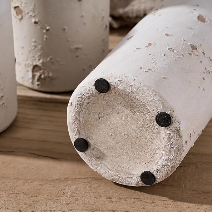 SIDUCAL Ceramic Rustic Farmhouse Vase Set of 3 | Whitewashed Terracotta Vase, Clay Decorative Vases for Home Decor, Living Room, Shelf, Mantel Decoration(Rustic White)