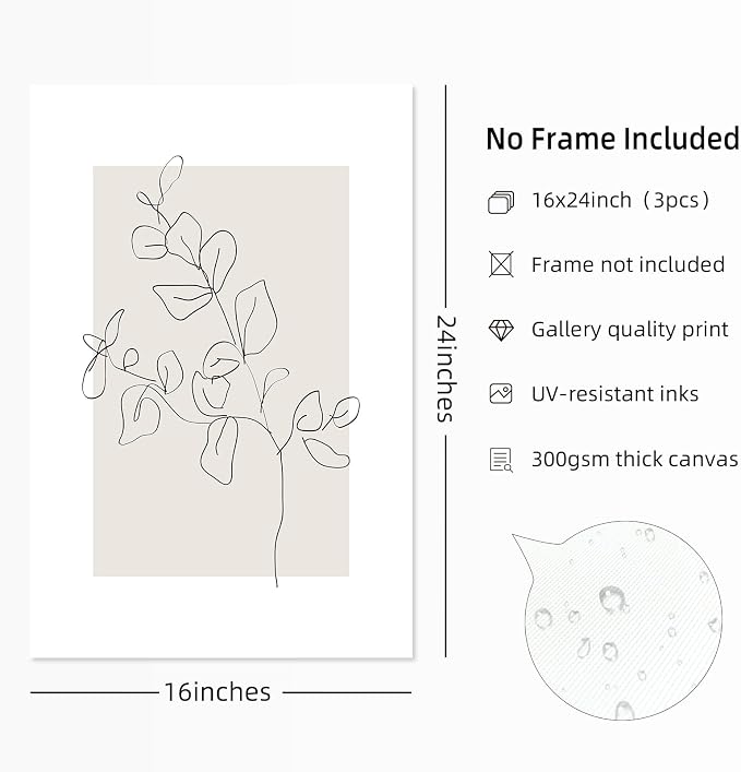 Neutral Botanical Prints Wall Art Flower Minimalist Canvas Wall Decor Vintage Line Wall Art Floral Plant Painting Pictures Beige Boho Artwork Farmhouse Poster for Bedroom 16x24 Inch Unframed Set of 3