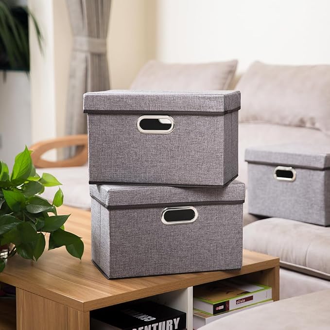 Foldable Storage Boxes with Lids [1-Pack] Linen Fabric Collapsible Storage Bins Organizer Containers Baskets Cube with Cover for Home Bedroom Closet Office Nursery (14.9x9.8x9.8)