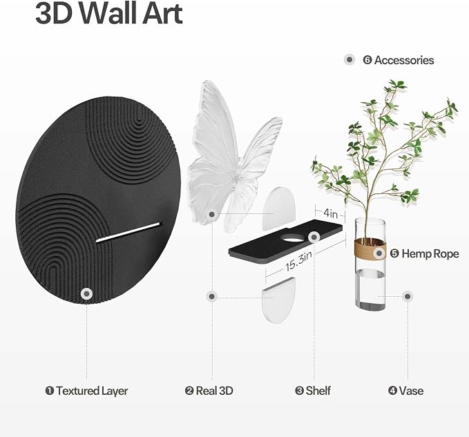3D Black and White Modern Minimalist Butterfly Wall Art Decor, 24x24 Inch | With vase, Textured, Round, Geometric, Artwork for walls, Sandstone texture, Wall art for living room, Dining room, Hallway