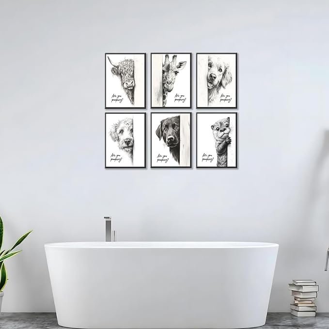 Funny Bathroom Wall Art Set of 6 Black and White Bathroom Posters Unframed | Premium Canvas Prints, Cute Animal Wall Decor, Retro Funny Toilet Art Prints for Wall Decoration, 8x10Inch