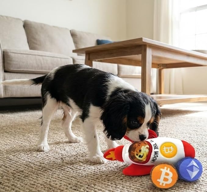 MODERN WAVE - Squeaky Plush Dog Toy Bitcoin Crypto - Interactive Hide and Seek Squirrel Type Puzzle Toy for Dogs, Small - Medium Size (Rocket and Coins)