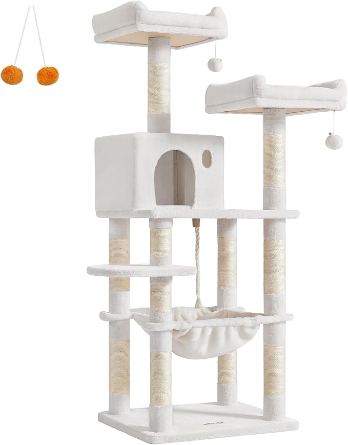 Feandrea Cat Tree, 55.8-Inch Cat Tower, Multi-Level Plush Condo with 11 Scratching Posts, 2 Perches, Hammock, Cave, Light Warm White UPCT015W02