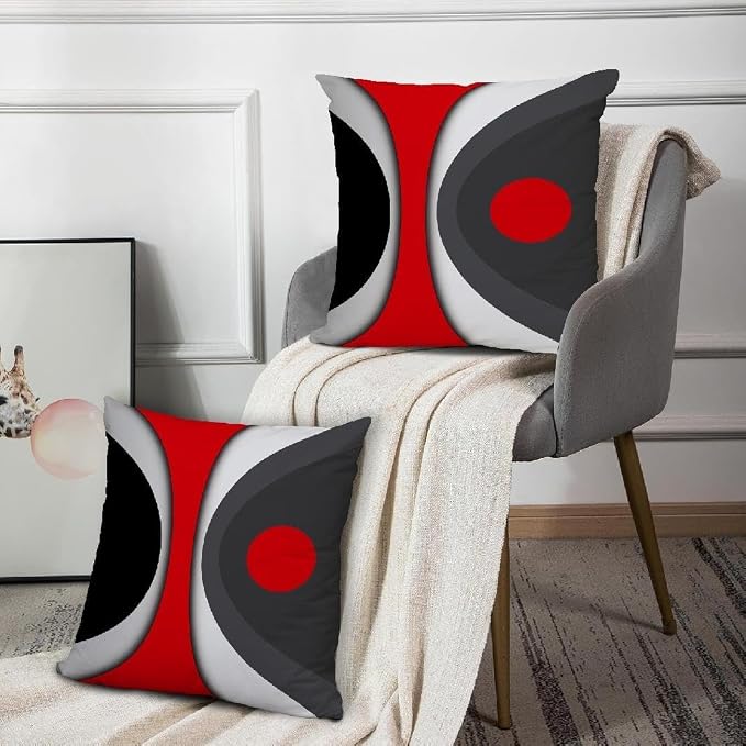 Modern Art Geometric Pillow Cover, Decorative Throw Pillow Covers Black Red Abstract Artwork Cushion Cover for Bedroom Sofa Living Room 24 x 24 Inch Set of 2
