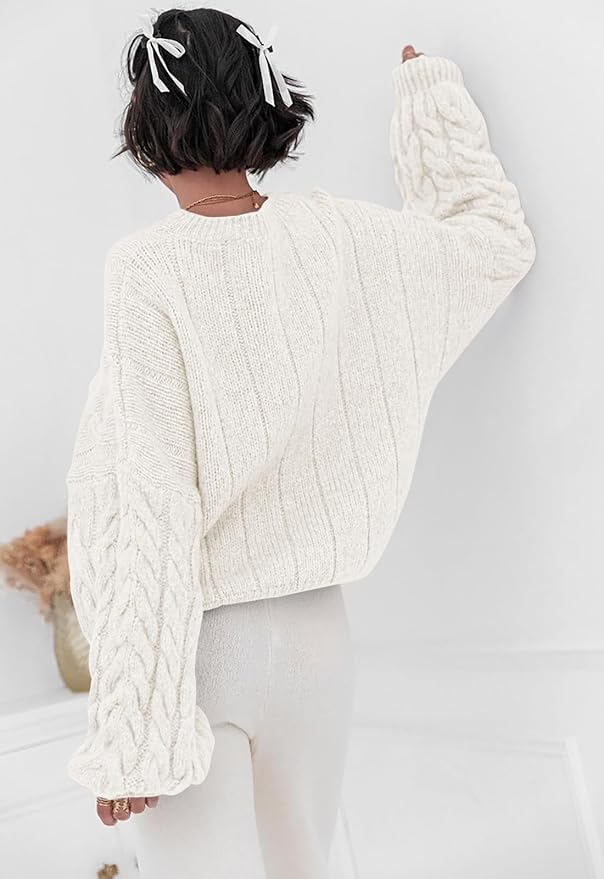 PRETTYGARDEN Womens Sweaters Spring 2026 Cable Knit Long Sleeve Crewneck Oversized Sweater Chunky Pullover Loose Outfits