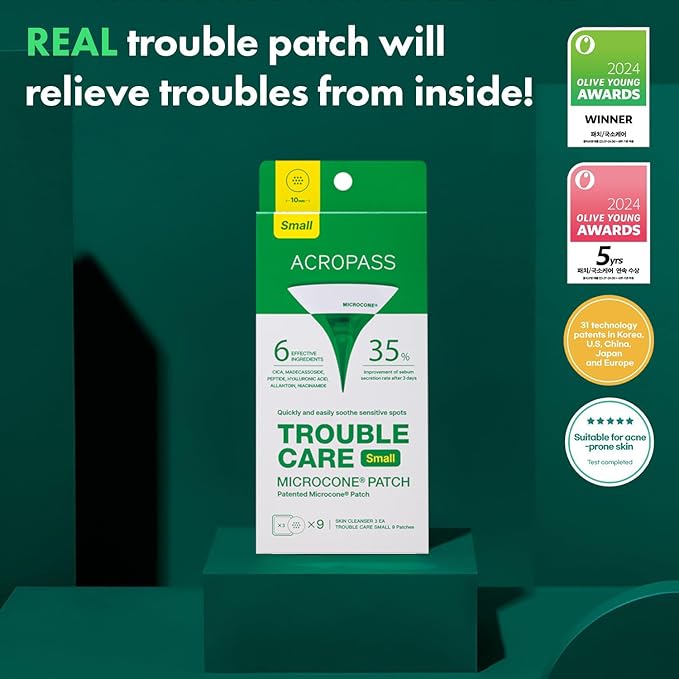 ACROPASS Trouble Care Microcone Acne Patch, Spot Care for Early Pimple and Zits, Hydrocolloid & Niacinamide for Blemishes (Small Size 9count)