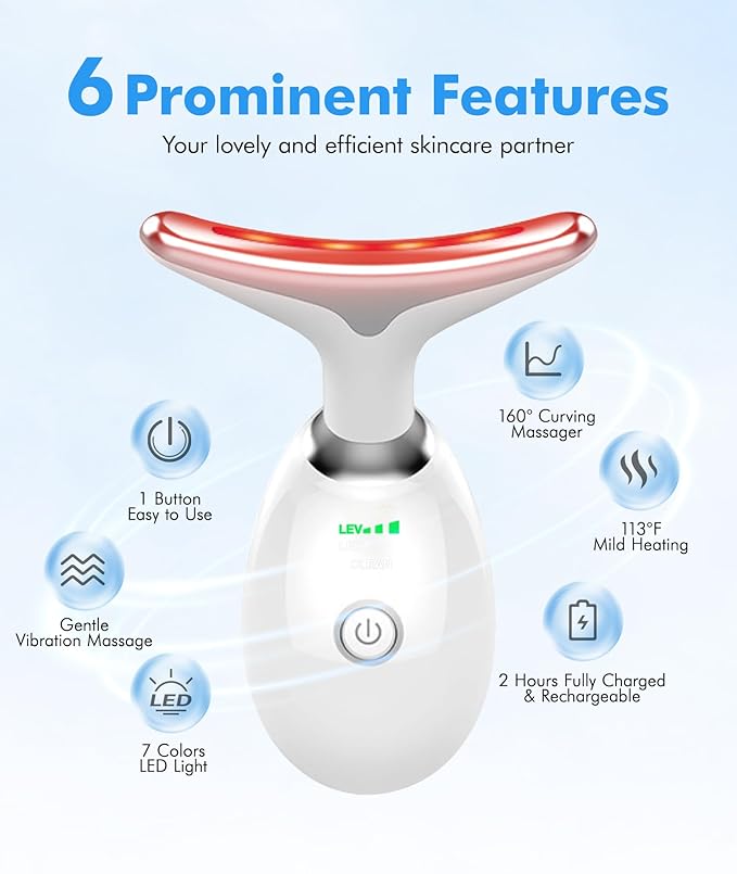 SDKWDH Red-Light-Therapy-for-Face-and-Neck, 7 Color Face Massager Tool for Wrinkles, Double Chin, Vibrating Facial Massager with Thermals for Skin Care, Glossy White