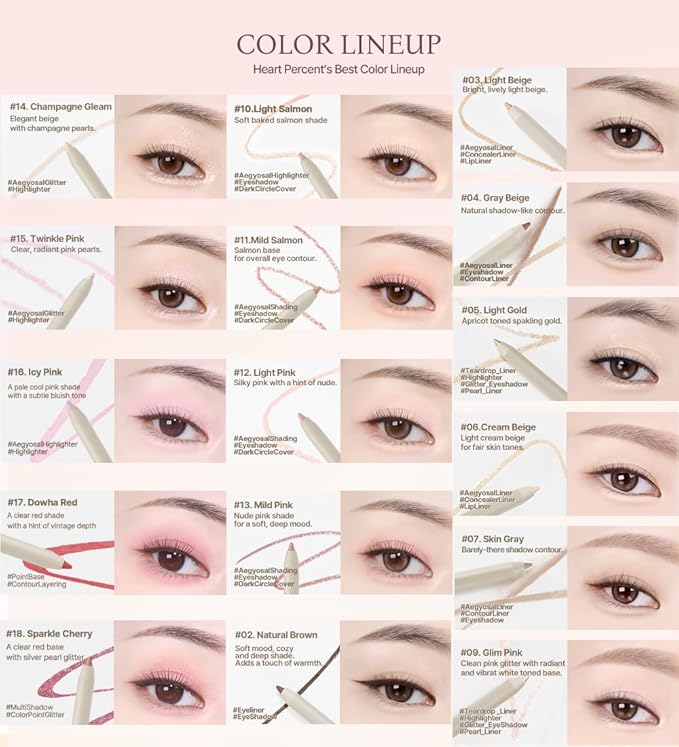 Heart Percent Dote On Mood Gel Eyeliner Pencil – Long-Lasting Waterproof Smudge Proof Smooth Retractable, Aegyo Sal Makeup, Under Eye Highlighter with Built-In Sharpener, #10. Light Salmon