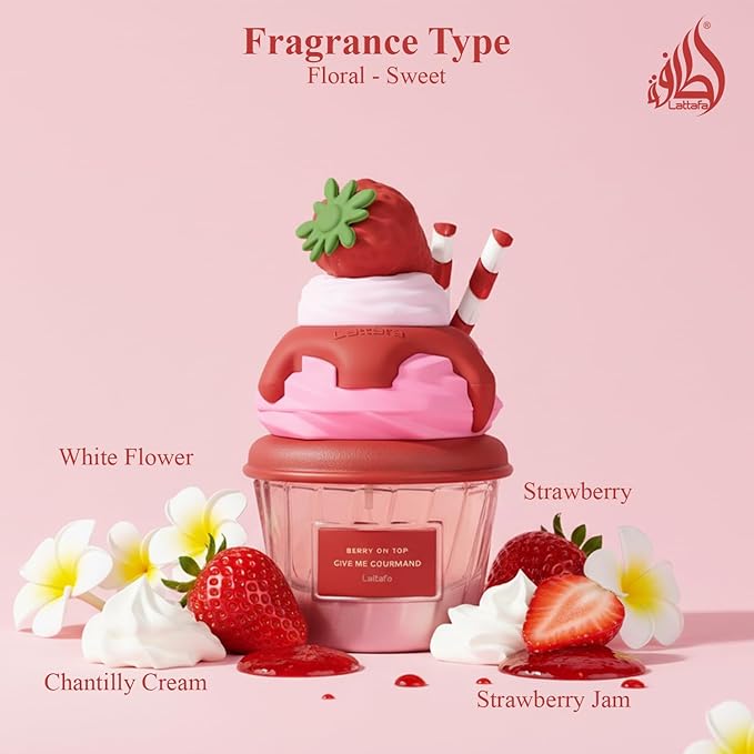 Lattafa Berry On Top Eau de Parfum, Give Me Gourmand Collection, Fruity Berry & Vanilla Cream Scent, Spray Form, 75ml