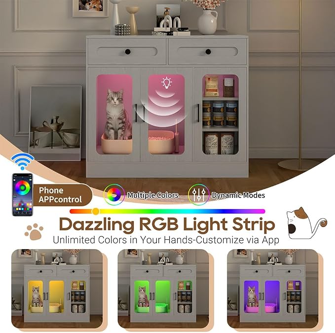 Cat Litter Box Enclosure Furniture with Glass Doors & LED Light, Large Hidden Litter Box Cabinet with Drawers and Adjustable Shelf, Modern Cat Litter Box Cover Side Entry for Living Room Bedroom,Gray