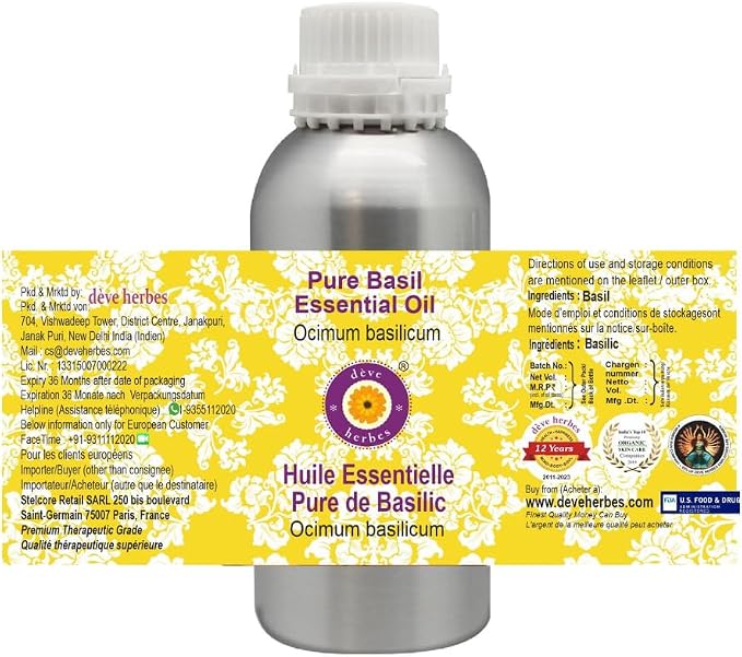 Deve Herbes Pure Basil Essential Oil (Ocimum basilicum) Steam Distilled 300ml (10 oz)