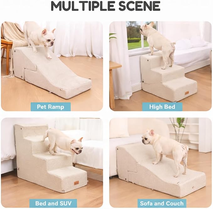4-Step Dog Stair and Ramp for Small Dogs and Cats, Pet Steps for Bed with Non-Slip Bottom, Beige
