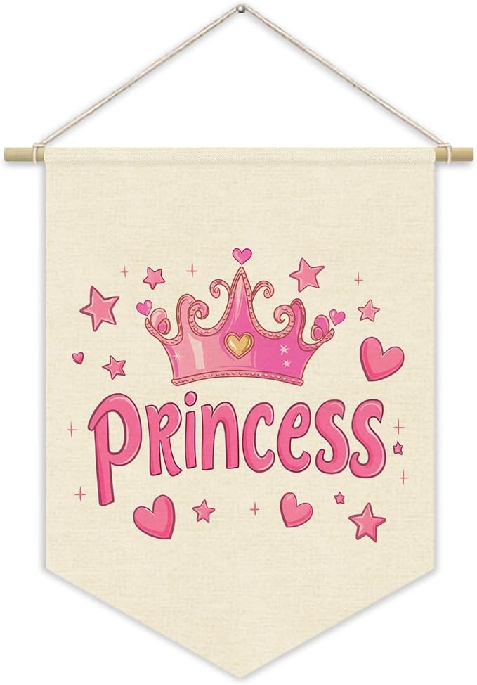 Princess Room Decor for Girls Bedroom, Pink Cute Princess Crown Linen Pennant Banner for Baby Girl Nursery Wall Hanging, Playroom Toddler Room Decorations 15x11 Inch